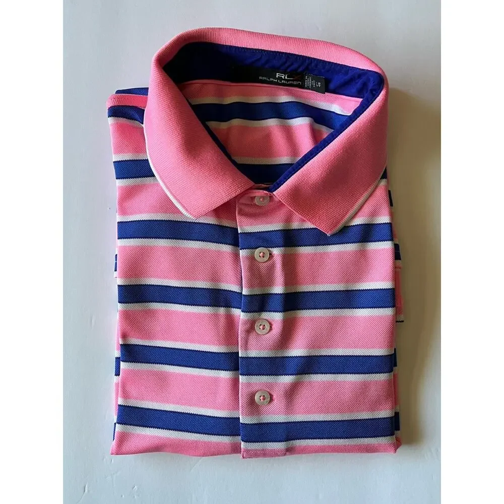RLX Ralph Lauren Golf Polo Men L Pink Blue Wht Stripe Bear Mountain Performance